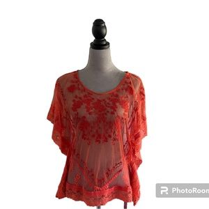 Kimchi Blue red sheer batwing top with embroidered design. Size M